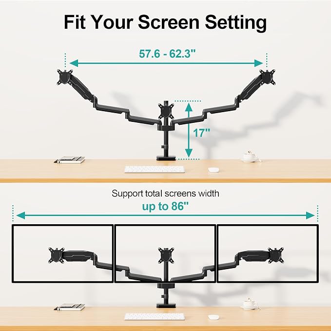 MOUNT PRO Triple Monitor Mount, 3 Monitor Desk Mount for Three Screens up to 32 Inch, Full Motion Gas Spring Heavy Duty Arm Hold up to 19.8lbs Each, Black - Image 8