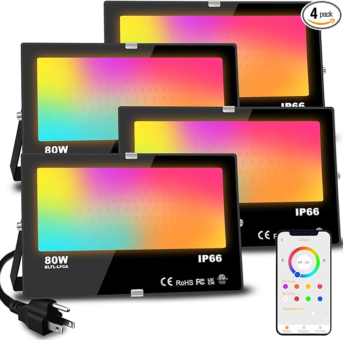 MELPO LED Flood Light Outdoor 800W Equivalent 8000LM Smart RGB Landscape Lighting with APP Control, DIY Scenes - Timing - Warm White 2700K - Color Changing Uplight, IP66 Waterproof US Plug (4Pack) by MELPO