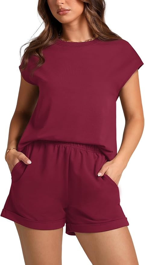 WIHOLL 2 Piece Sets for Women Casual Summer Travel Vacation Outfits Cap Sleeve Shorts Lounge Set - Image 2