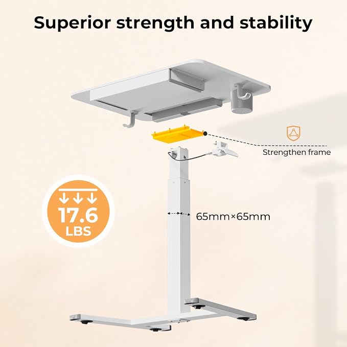 28" Mobile Standing Desk with Drawer, Portable Laptop Desk | Rolling Desk with Cup Holder & Hooks, Height Adjustable Computer Cart on Wheels for Classroom, Study Desk with Storage, White - Image 7