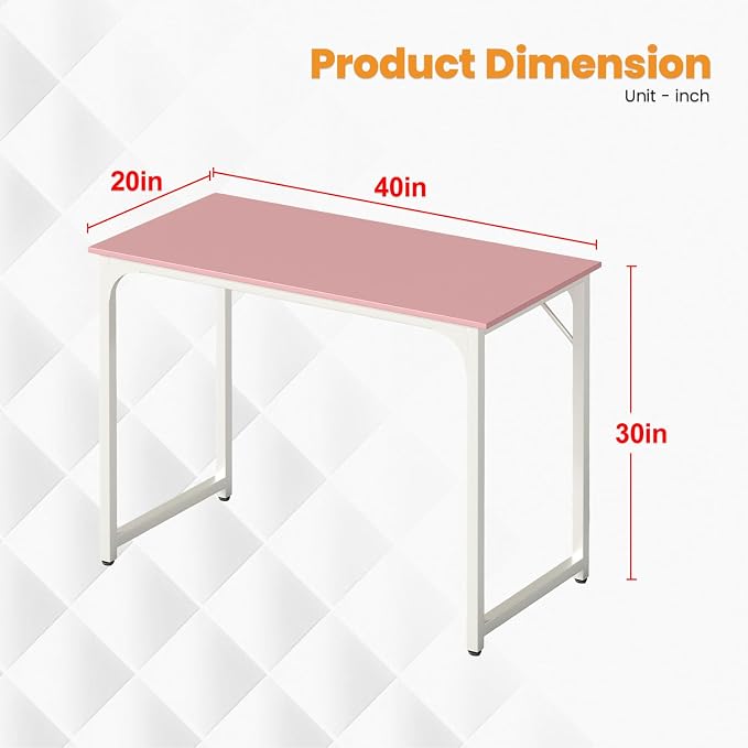 PayLessHere | 39 Inch Computer Desk | Pink | Office Desk with Metal Frame, Adjustable Feet | Water-Resistant, Scratchproof Surface | Sturdy Writing Table for Home Office or Study | Pack of 1 - Image 3