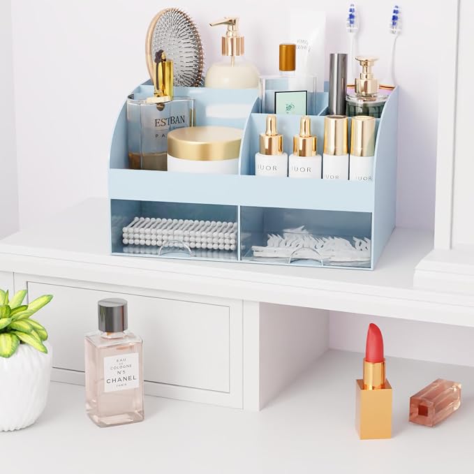 Makeup Organizer with Drawers, Cosmetic Storage for Dresser Vanity and Bathroom Countertop, Beauty Holder for Lipstick Brush, Skincare Organizer for Vanity, Cosmetic Display Case (Blue) - Image 7