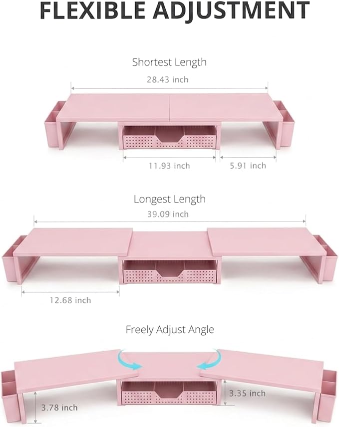 OPNICE Desk Organizers and Accessories, Dual Monitor Stand Riser with Drawer and 2 Pen Holders, Desk Shelf Wood Computer Racks for Office Workspace Organizers, Desktop Organization (Pink Wood) - Image 3