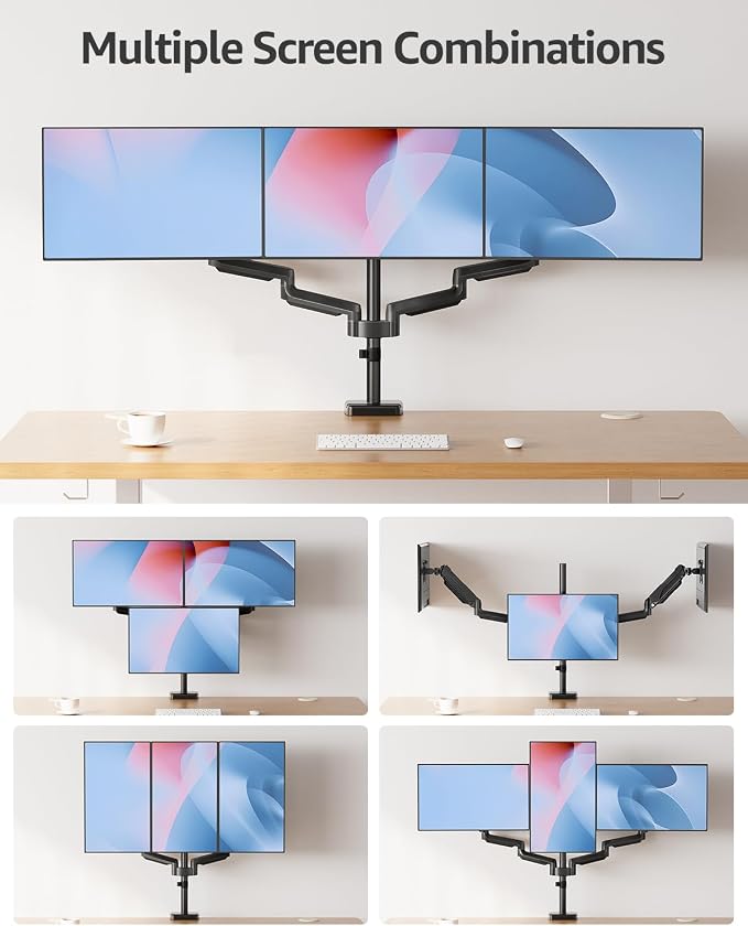 MOUNTUP Triple Monitor Stand Mount - 3 Monitors Desk Mount for Computer Screens Up to 27 inch, Triple Monitor Arm, Heavy Duty Monitors Stand, Each Arm Holds 4.4-19.8 lbs, Black - Image 5
