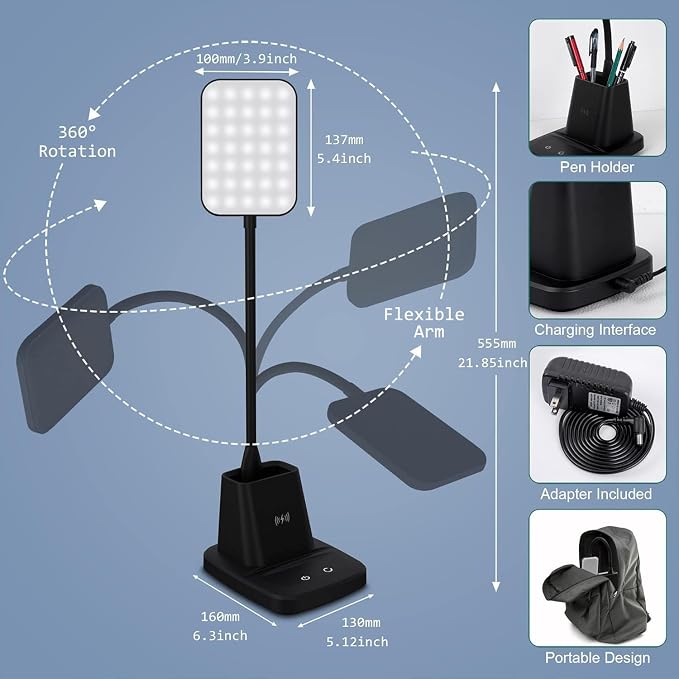 LED Desk Lamp with 10W Wireless Charging & Pen Holder, Black | CRI 95, 800LM, Stepless Dimming, 3 Modes, 360°Flexible Arm, Touch, Study Table Lamp for Home Office, Dorm Room, with Adapter - Image 6