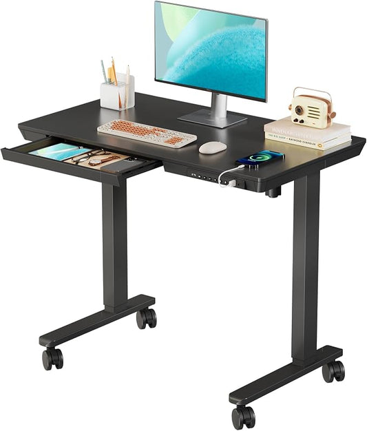 35" Electric Standing Desk with Drawer, 4 Lockable Wheels | Height Adjustable Quick Install One-Piece Tabletop with USB Charging Port, Small Sit to Stand up Desk for Home Office, Black by JYLHJOYSEEKER