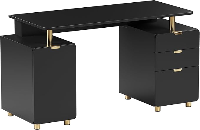 Techni Mobili 57"W Computer Desk w/ 3 Drawers & Storage Cabinet, Black/Gold | Home office workstation, durable construction, everyday productivity, Ideal for home office, Workspace organization by TechniMobili