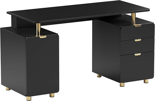 Techni Mobili 57"W Computer Desk w/ 3 Drawers & Storage Cabinet, Black/Gold | Home office workstation, durable construction, everyday productivity, Ideal for home office, Workspace organization by TechniMobili