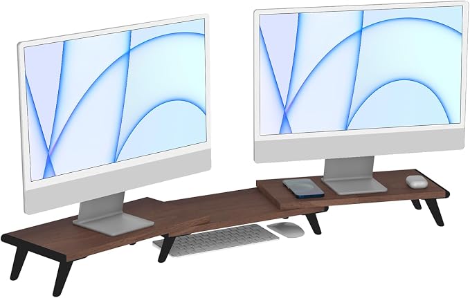 loukin Dual Monitor Stand Riser for Desk, 43.6"*8.2"*3.2" Large Computer Stand for 2 Monitors, Laptop, Printer, Length and Angle Adjustable Computer Shelf, Home Office,Max 43.6" Length(Brown) by LOUKIN