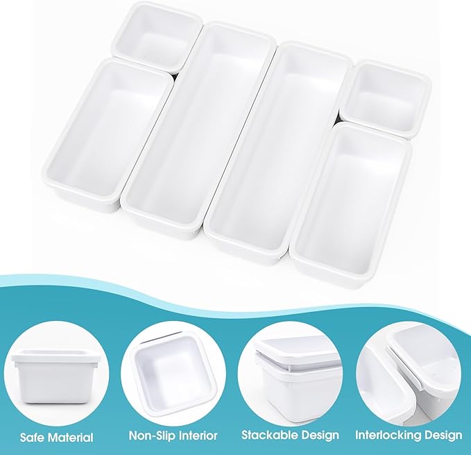 6 PCS Drawer Organizer Set, 3 Size Makeup Drawer Divider Organizer With Non-Slip Pads, Interlocking Plastic Storage Bins for Office,Jewelry Vanity,Gadgets, Bathroom,Kitchen, White - Image 3