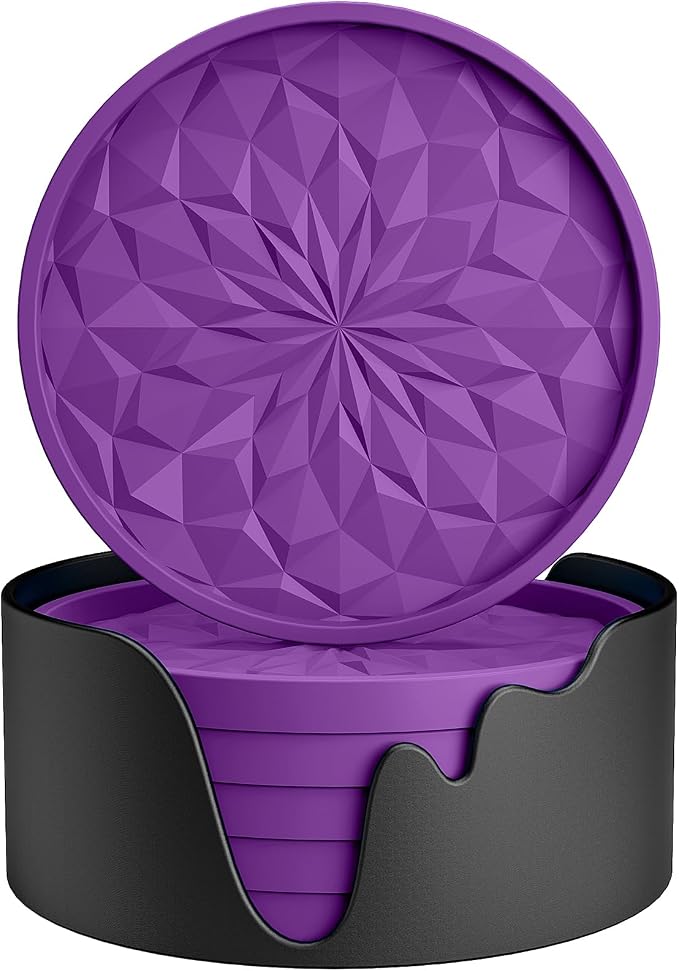 ME.FAN Silicone Coasters with Holder,[6 Pack] Drinking Coasters - Cup Mat for Hot or Cold Drinks, Thickened, Non-Slip, Non-Stick,Deep Tray Dark Purple by MEFAN