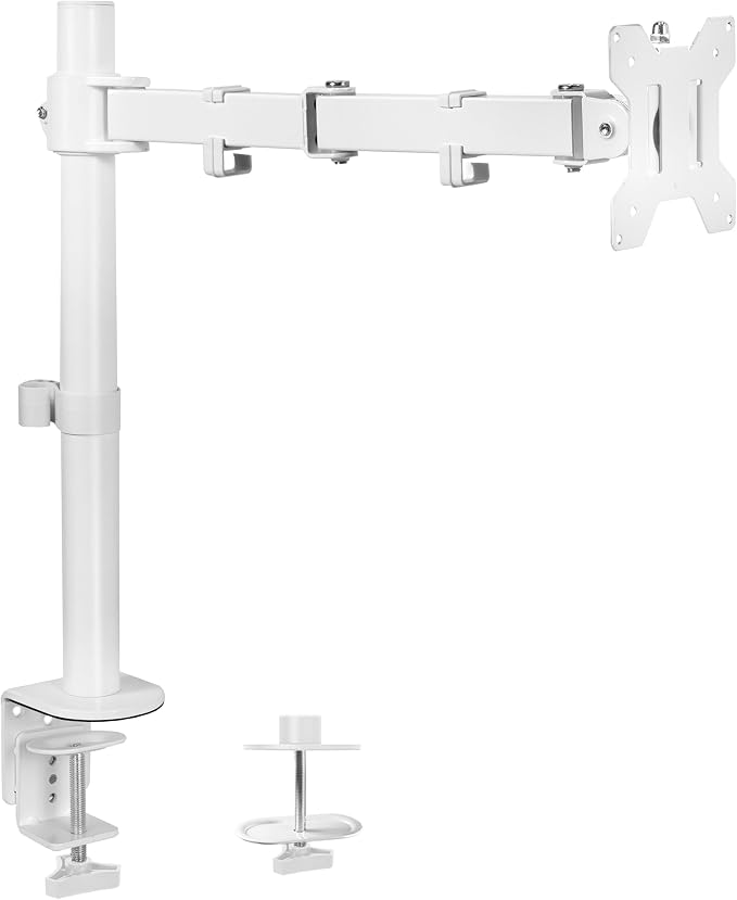VIVO Single Monitor Arm Desk Mount, Holds Screens up to 32 inch Regular and 38 inch Ultrawide, Fully Adjustable Stand with C-Clamp and Grommet Base, VESA 75x75mm or 100x100mm, White, STAND-V001W by Unknown