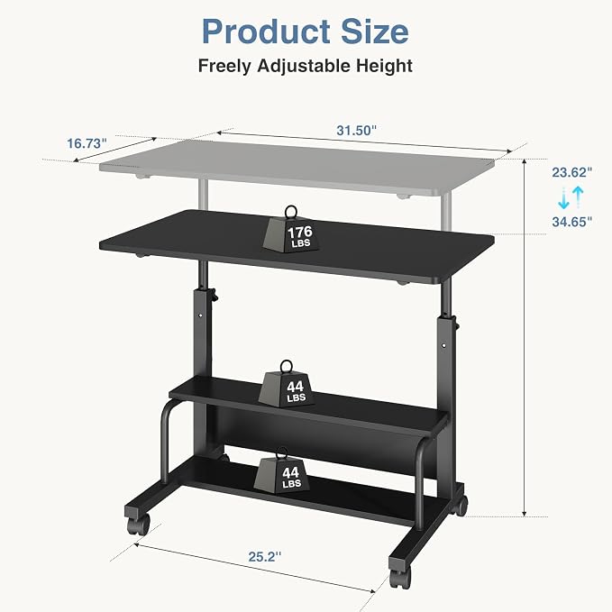 DUMOS Rolling Desk, Storage Shelves, Laptop Table, Home Office | Height Adjustable Design, Computer Desks on Wheels, Portable for Small Spaces Use, Black - Image 3