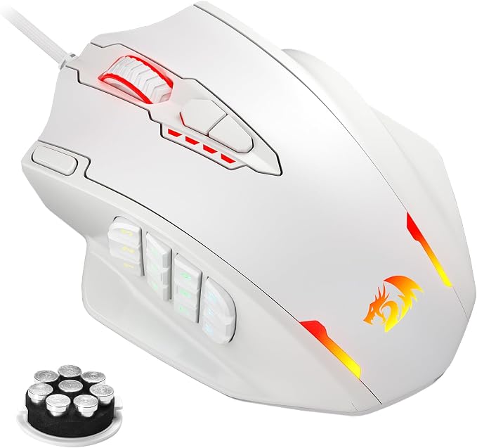 Redragon M908 Impact RGB LED MMO Gaming Mouse with 12 Side Buttons, Optical Wired Ergonomic Mouse with Max 12,400DPI, High Precision, 18 Programmable Macro Shortcuts, Comfort Grip, White | Stable Lag-Free Connection, Redefine Keybinding Macro, Vibing B... by REDRAGON