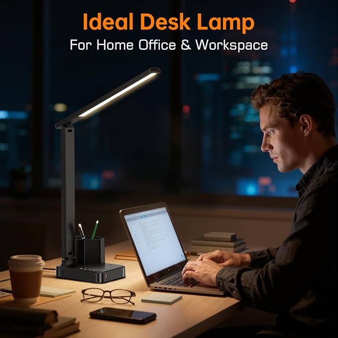 cozoo LED Desk Lamps for Home Office, Modern Dimmable Eye Cariing Desk Light with USB Charging Ports AC Outlet, Pen Holder,Touch/Memory/Timer, Kids Small Table Lamp for Reading, Bedroom, Study, Craft - Image 2