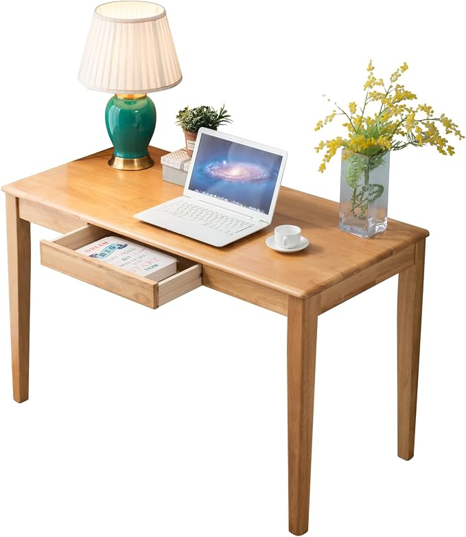 Solid Wood Desk with Drawer, Wooden Home Office Desk for Work, Student Computer Desk for Small Spaces, Gaming Study PC Desk for Bedroom, Easy to Assemble (Teak Color 39 inch) by Unknown