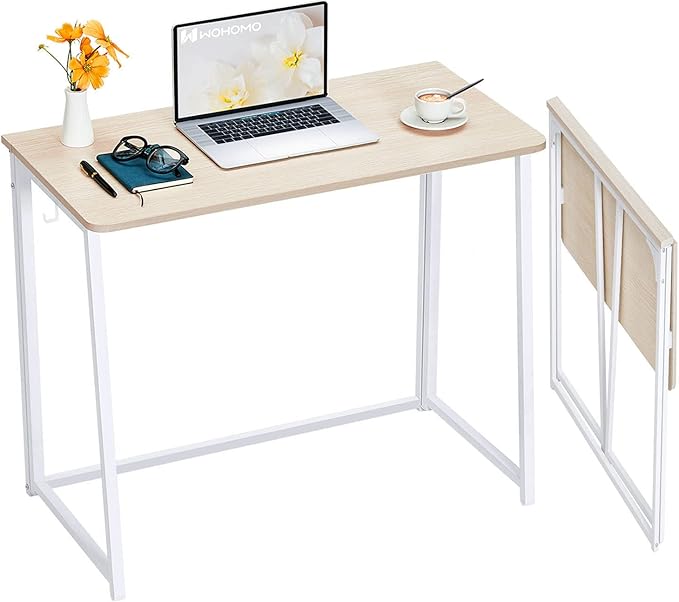 WOHOMO Folding Desk, 39.4" Foldable Computer Table for Small Spaces, Oak | Easy Assembly and Fold, Sturdy Home office desks for Study Bedroom Dorm Space Saving Writing Work Apartment by WOHOMO