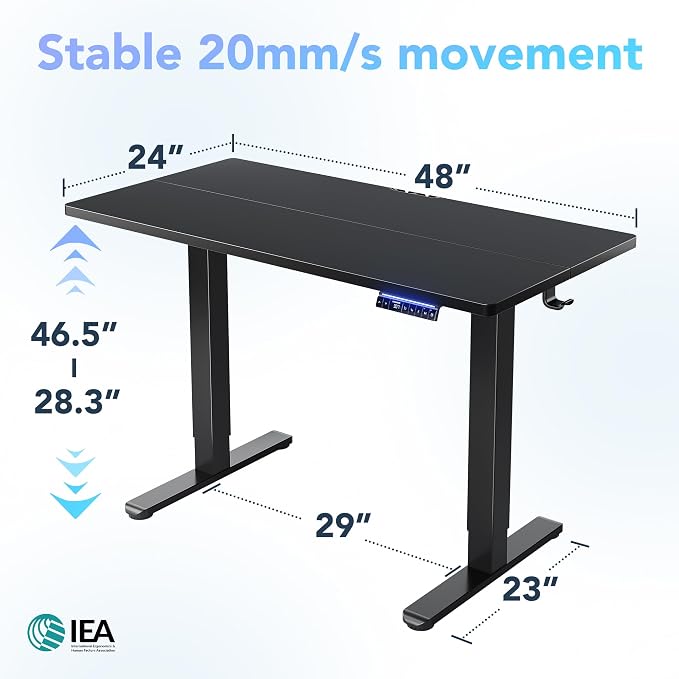 HUANUO 48" AI Smart Standing Desk with App-Synced Sedentary Reminders, Electric Height Adjustable Desk with Body-Data Ergonomic Presets, Voice Control Alexa/Google/Siri, 3 Memory Settings Table, Black - Image 2