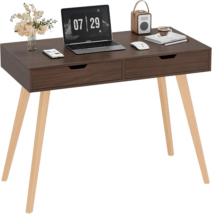 FOTOSOK White Computer Writing Desk with 2 Drawers, Small Desk Makeup Vanity Table Wood Desk with 4 Oak Legs, Modern Home Office Desk Console Study Table, Walnut by FOTOSOK