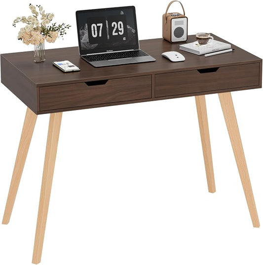 FOTOSOK White Computer Writing Desk with 2 Drawers, Small Desk Makeup Vanity Table Wood Desk with 4 Oak Legs, Modern Home Office Desk Console Study Table, Walnut by FOTOSOK