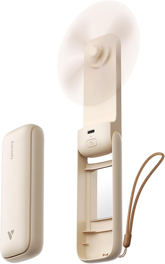 Aecooly Slim Portable Fan with Mirror, Thin Handheld Fan, USB Rechargeable Mini Personal [24H Max Cooling Time], Battery Powered Small Foldable Pocket for Travel, Lash, Makeup, Gifts for Women -Beige by Aecooly