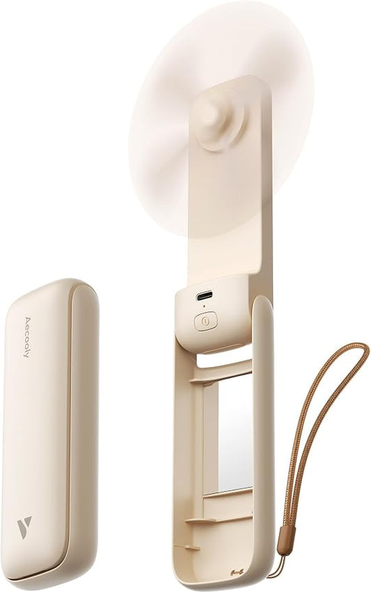 Aecooly Slim Portable Fan with Mirror, Thin Handheld Fan, USB Rechargeable Mini Personal [24H Max Cooling Time], Battery Powered Small Foldable Pocket for Travel, Lash, Makeup, Gifts for Women -Beige by Aecooly