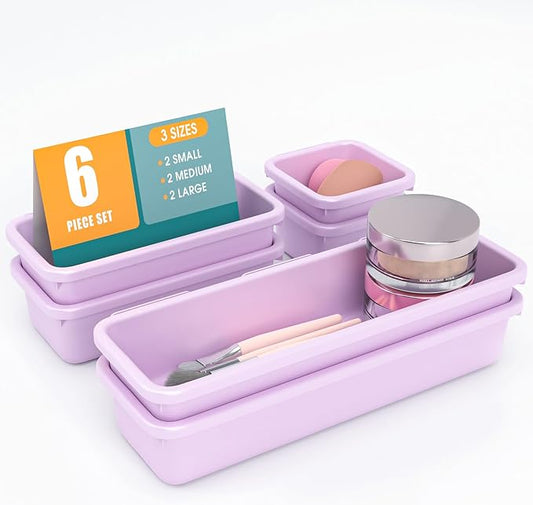 6 PCS Drawer Organizer Set, 3 Size Makeup Drawer Divider Organizer With Non-Slip Pads, Interlocking Plastic Storage Bins for Office,Jewelry Vanity,Gadgets, Bathroom,Kitchen, Purple by StoreHappily