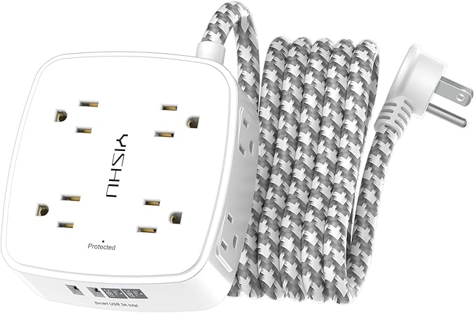 Surge Protector Power Strip - YISHU 8 Outlets with 4 USB (2 USB C) Charging Ports, 10Ft Braided Extension Cord, Flat Plug Multi Plug Outlet Extender Charging Station for Home Office, ETL, White by YISHU