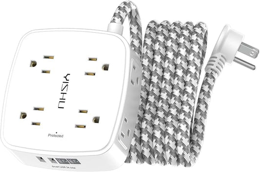 Surge Protector Power Strip - YISHU 8 Outlets with 4 USB (2 USB C) Charging Ports, 10Ft Braided Extension Cord, Flat Plug Multi Plug Outlet Extender Charging Station for Home Office, ETL, White by YISHU