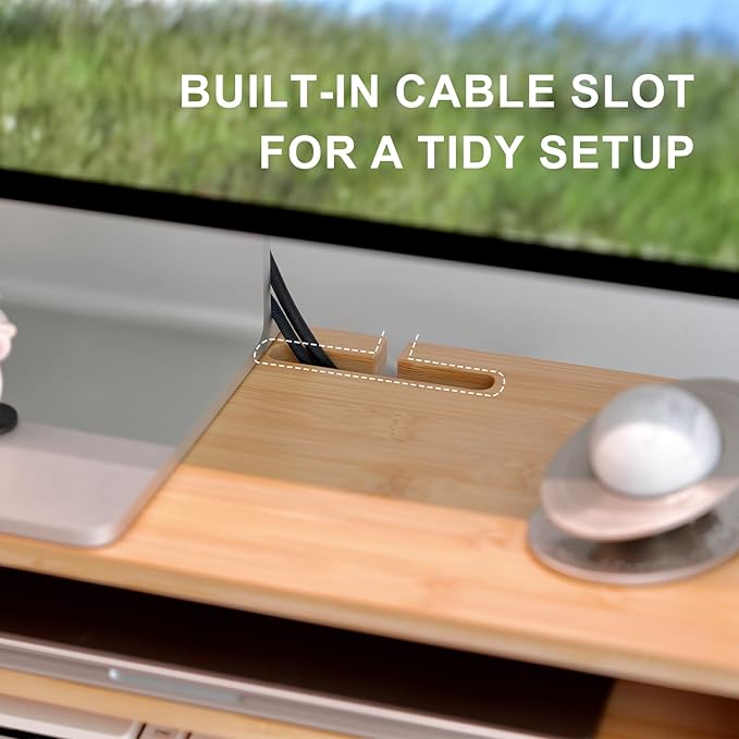 Bamboo Monitor Stand Riser with Drawer, Ergonomic Computer Riser for Desk with Cable Management & Storage Organizer, Wood Monitor Stand for Home Office - Image 5