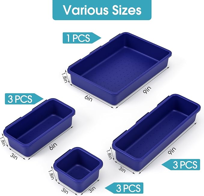 10 PCS Drawer Organizer Set, 4 Size Makeup Drawer Divider Organizer With Non-Slip Pads, Interlocking Plastic Storage Bins for Office,Jewelry Vanity,Gadgets, Bathroom,Kitchen, Navy - Image 2