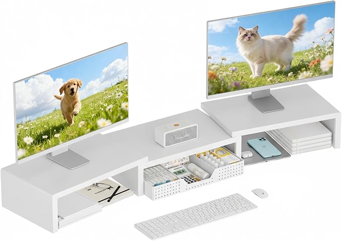 OPNICE Desk Organizer, Dual Computer Monitor Stand Riser with Drawer, Office Desk Accessories & Workspace Organizers, White - Image 8