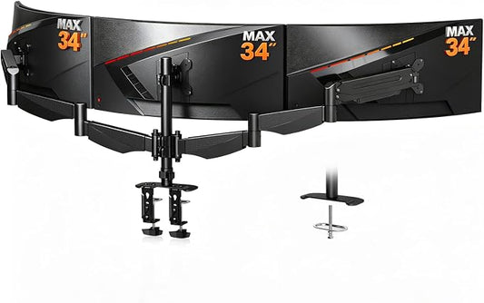 Bracwiser Triple Monitor Mount for 17 to 34 inch Screens, Holds up to 26.45lb, Adjustable Triple Monitors Stand for Desk with Tilt, Swivel, Rotation, Clamp & Grommet Kit, VESA 75/100mm, Black, MDX003P by Bracwiser