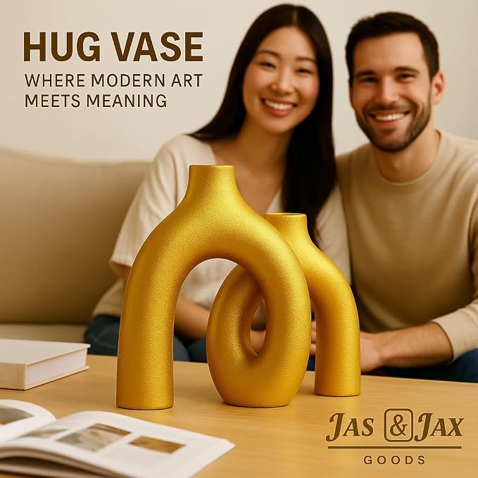 Gold Ceramic Vase Set - Modern Hug Donut Ceramic Vases by JAS & JAX GOODS, Minimalistic Nordic Home Decor Centerpiece for Console Tables, Living Room, Bookshelf, or Fireplace Mantel - Image 2