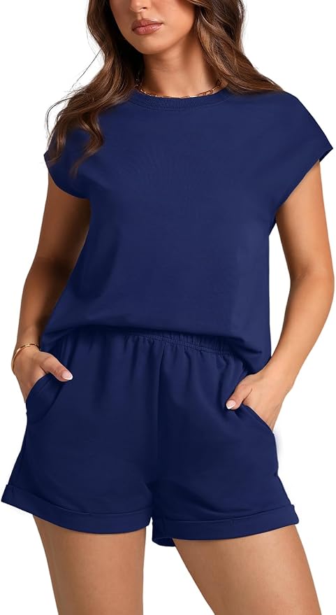 WIHOLL 2 Piece Sets for Women Casual Summer Travel Vacation Outfits Cap Sleeve Shorts Lounge Set - Image 2