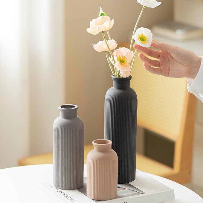 Modern Ceramic Vase Set, Black Ribbed Matte Design, 3-Piece Decorative Vases for Home, Living Room, Office (Black Mix) - Image 3