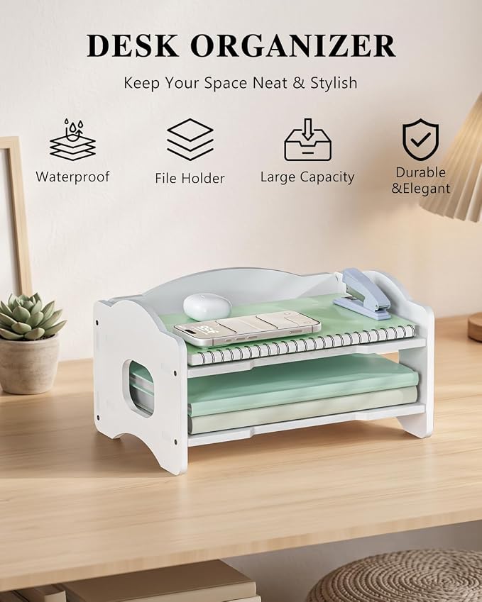 WALI Desk File Organizer, 2 Tier Stackable Desktop Paper Letter Tray Organizer with Handle, Office Desk Accessories & Workspace Organizers for Office, Home, School Supplies, 1 Pack, White - Image 3
