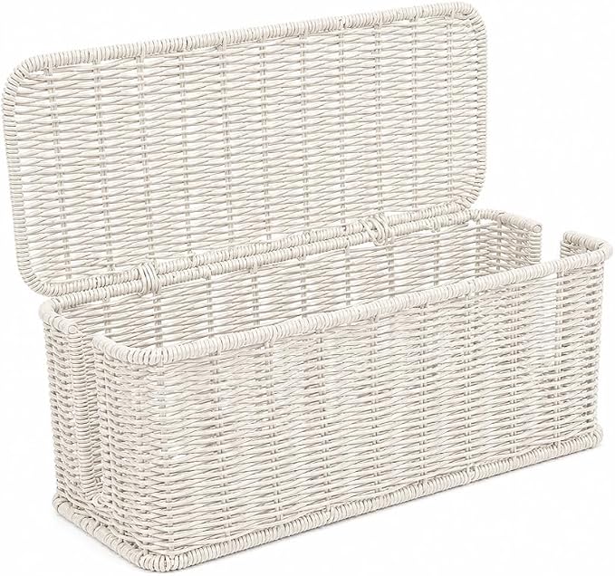 Cable Management Box, Handmade Rattan Cable Organizer with 2 Open Slots, Cord Hider for Power Strip, Router & USB Hub, Registered U.S. Design Patent (D1,112,102), 13" x 5.1" x 5.1", White by Cantalop