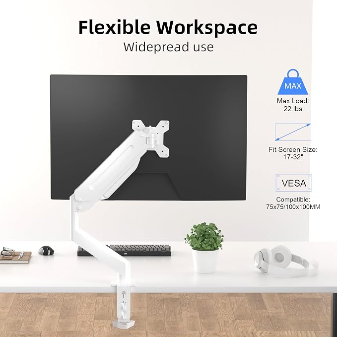 Suptek Single Monitor Mount Adjustable Gas Spring Monitor Arm Desk Mount Stand Fits 17 20 22 23 24 26 27 32 33 inch Monitors,Holds up to 22 lbs,White(MD18W) - Image 3