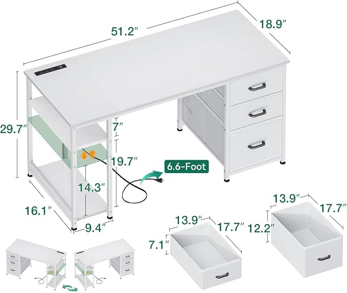 AODK 51 Inch White Computer Desk with Drawers & USB Power Outlets | Reversible Home Office Desk with Storage Shelves, Work from Home, Modern Work/Writing/Study Table for Bedroom, White - Image 3
