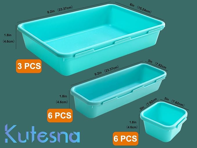Kutesna 15PCS Interlocking Drawer Organizer, Plastic Desk Organizer Set | 3-Size Versatile Storage Bins,BPA-free,Non-slip, Fits Any Drawer for Cosmetics,Bathroom, Tools,Kitchen and Office（Blue&Green） - Image 2