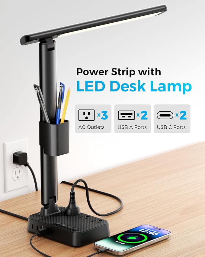 LED Desk Lamp with Power Strip, 3 AC Outlets & 4 USB Ports (2 USB-C), Stepless Dimming & 2800K-6500K Eye-Caring Desk Light, Foldable Table Lamp for Home Office, Dorm Room Essentials(10FT) - Image 4