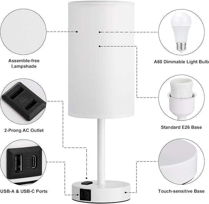 Fenmzee White Nightstand Bedroom Lamp - 3 Way Dimmable Bedside Lamp USB C A Charging Ports and AC Outlet, Small Table Lamp Linen Lampshade for Office Desk - Image 7
