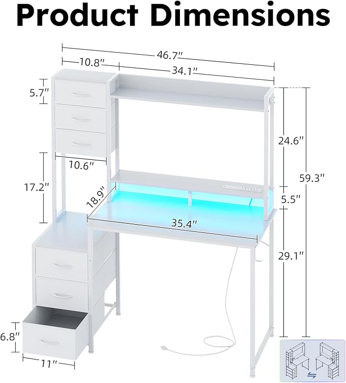 MUTUN 47 Inch Computer Gaming Desk with Hutch Power Outlet and LED Strip, Home Office Work Study Writing Desk with 6 Fabric Drawers and Storage for Bedroom, Escritorios para Computadoras, White - Image 3