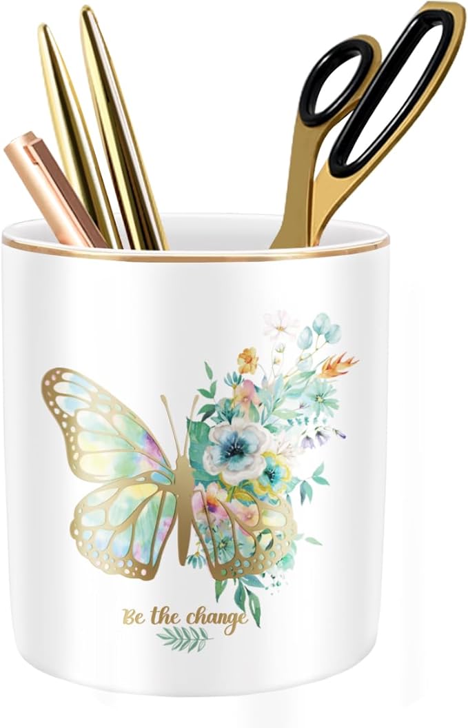 Cute Pen Holder for Desk, Ceramic Durable Pencil Cup, Simple&Modern Style Makeup Organizer, Multifunctional Office Supplies for Home, Kids and School, Butterfly Pattern by WAVEYU