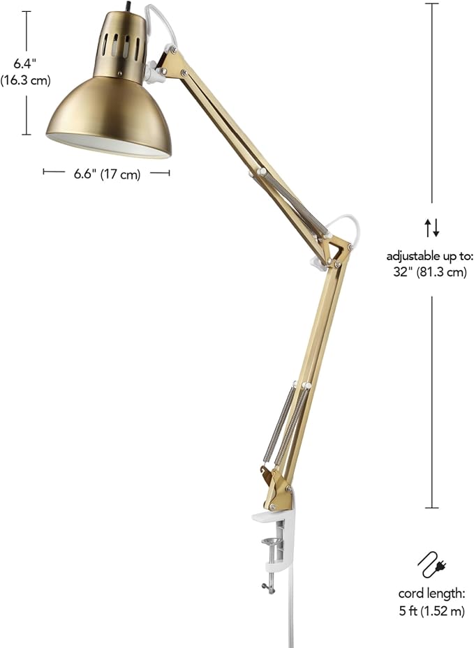Globe Electric 62000010 32" Multi-Joint Desk Lamp with Metal Clamp, Matte Brass, White Accents, On/Off Rotary Switch on Shade, Partially Adjustable Swing Arm, Home Décor, Office Accessory - Image 8