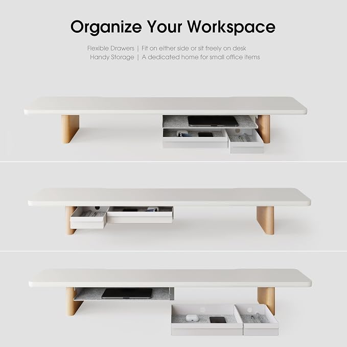 Fenge 42.5" Monitor Stand with Storage Drawers, Minimalist Monitor Riser with Solid Ash Legs and Cable Management, Wooden Desk Shelf for Home Office Workspaces, White - Image 4