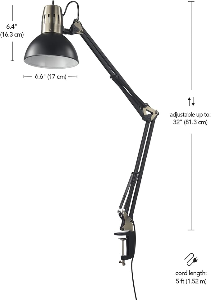 Globe Electric 62000009 32" Multi-Joint Desk Lamp with Metal Clamp, Matte Black, Antique Brass Accents, On/Off Rotary Switch on Shade, Partially Adjustable Swing Arm, Home Décor, Office Accessory - Image 9