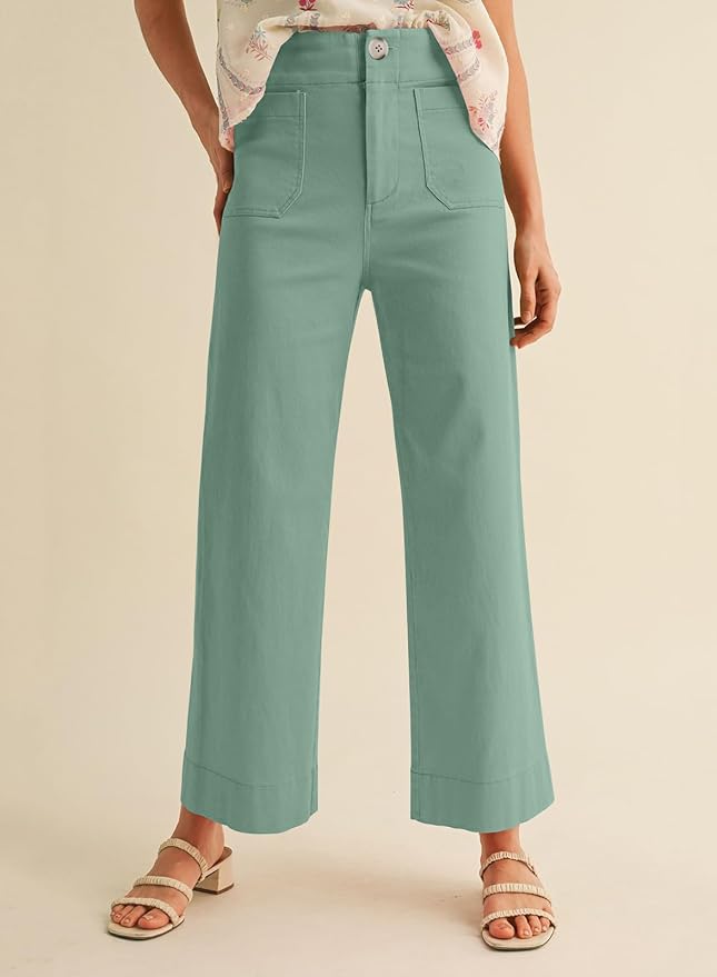 miduo Womens High Waisted Cropped Wide Leg Stretchy Straight Pants Trousers with Pockets - Image 2