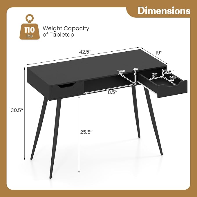 Giantex Mid Century Modern Computer Desk with Drawers, 42.5" Writing Desk with Open Storage Cubby, Vanity Table with Metal Leg, Compact Wooden Study Table for Small Spaces Home Office (Black) - Image 3
